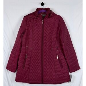 Gallery New York Women Quilted Puffer Jacket Maroon Large Removable Hood NWT